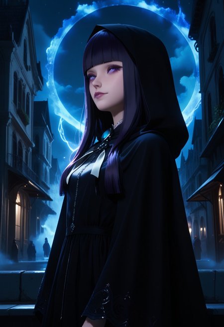 score_9, score_8_up, score_7_up, score_6_up, k9r0, Darmagmb, very aesthetic, detailed face, urban fantasy, cowboy shot, from a side, focus on face BREAK 1girl, 25 years old, sad smile, a Crow sits on a shoulder, dark aura, purple aura, dark aura, cute face, purple eyes, skinny body, black hair, blunt bangs, hime cut, black dress, long dress, long sleeves, hood, cloak, BREAK outdoors, modern city, night, dark, neon lighting