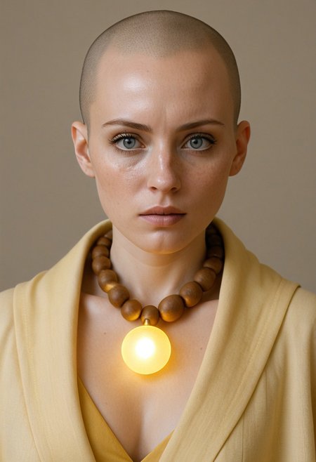 (score_10, score_9_up, score_9, score_8_up, hyperrealism, masterpiece, highly detailed, 8K:1.4), 
BREAK 
1girl, solo, monk, sacred_collar, bald, bright eyes, big eyes, yellow clothes, yellow cape, priestly clothes, thick lips, parted lips, freckles, upper body, looking at viewer,