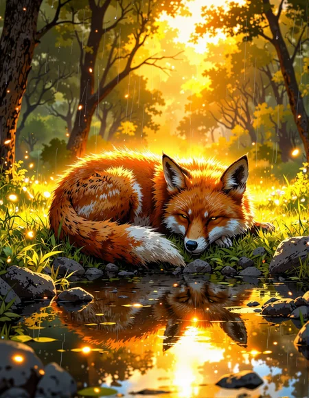 serene anime-style digital painting bathed in golden light. Picture a sleeping fox with orange and white fur curled up in a grassy area during a gentle rain.  The fox is positioned close to the ground, with its head resting on its paws. Raindrops are falling and creating ripples in a puddle of water in the foreground, which reflects the bright golden light from above. The background is blurred and suggests a natural outdoor setting. The overall mood is peaceful and cozy despite the rain, emphasized by the warm lighting and the fox's relaxed posture, <lora:Cozy_Paradise:0.8>, <lora:Vibrantly_sharp_style_v.2:0.8>, <lora:anhei_first_flux_lora_v1:0.4>, <lora:FluxMythP0rtr4itStyle:0.6>