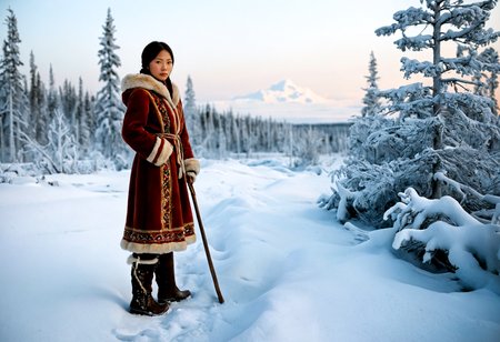 Stable_Yogis_PDXL_Positives, ziprealism, A professional photography in Steve McCurry stvmccrr style, rich colors, cultural portrait, Siberian-Asian, Amid the sweeping Siberian taiga in the full grip of winter, a young female hunter stands resolutely. The icy terrain stretches endlessly, broken only by the frosted needles of towering pine trees. The faint light of dawn spreads a delicate, golden hue over the snow, accentuating the hunterâs poised form., In the frozen Siberian wilderness, a young female hunter, her form exuding strength and grace, stands beneath the shadow of towering pines. She wears a long, hooded woolen robe, dyed a soft blue, embroidered with intricate patterns along the hem. Beneath it, her strong torso is fitted with a leather vest, while woolen thigh-high stockings, in a muted burgundy-red, tuck into sturdy boots. Her proud posture radiates resilience, embodying the essence of Siberiaâs harsh beauty in the 17th century, where the mystical aura of the land is felt in every breath., Her frost-kissed skin, a rich bronze, contrasts beautifully against the pale landscape, giving her a timeless, striking appearance. Her hair, bright and thick, is braided into a series of tight knots, with fur and beads woven into the strands, capturing the essence of both strength and femininity., With strong posture and a focused gaze, her hand rests casually on the quiver at her side, ready for the hunt. The delicate yet sturdy design of her traditional Siberian attire embodys centuries of craftsmanship, blending both function and beauty. A pair of small, fur mittens rest at her sides, prepared to shield her hands from the biting cold., She personifies the spirit of Siberiaâa land of vast expanses and unforgiving winters. the siberian huntress proud, erect femininity mirrors the landâs vitality, standing as a symbol of endurance and beauty that thrives against all odds., Rendered with meticulous detail and historical authenticity, the earthy tones and intricate embroidery evoke a delicate balance, recalling the striking works of Konstantin Makovsky. The vibrant attire and resilient femininity mirror the romanticized portrayals by Albert Edelfelt, while the frosty wilderness and timeless beauty reflect Isaak Levitan's atmospheric mastery. This depiction stands as a testament to the endurance and spirit of Siberia, blending cultural richness with artistic elegance., <lora:add-detail-xl:1.0><lora:Consistency Corrector XL:0.4><lora:stvmccrr:1>âââ