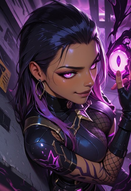 highres, very detailed, amazing quality, masterpiece,
very aesthetic,
particle effect,
1girl, dark-skinned female, two-tone hair, long hair, purple hair, purple eyes, black hair, hair slicked back, arm tattoo, glowing, black bodysuit, boob window, fishnets, black gloves, belt, fingerless gloves,
arms crossed, 
Magic purple eye, holding a magic purple eye, 
Purple smoke, purple fog, 
looking at viewer, Leaning back against wall, 
seducing, seductive, flirty, tender, smirk, loving, playful,
Close up, face focus, from above,