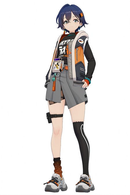 score_9, score_8_up, score_7_up, score_anime, 8k, best quality, masterpiece, (ultra-detailed), (white background:1.2), solo, hands on hip, (full body:1.1), looking at viewer, 
<lora:zzzstyle-pony-Tanger:0.8>,lin, lin's def clothes, zzz style, 1girl, grey skirt, blue hair, single thighhigh, socks, short hair, asymmetrical legwear,
