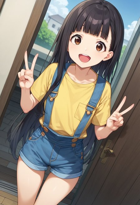 score_9, score_8_up, score_7_up, score_6_up, score_5_up, score_4_up,  source_anime,1girl,solo,
<lora:kaju_nukumizu_anime-soralz:1> kaju nukumizu, big eyes,ong hair, black hair, blunt bangs, brown eyes,tareme, smile,open mouth,
firm chest, thin waist, petite,flat chest,
high angle shot,dutch angle,looking at viewer,close-up face,yellow crop top, overalls,slim thighs,making a peace sign, 