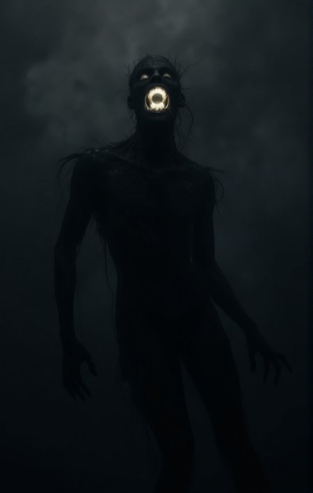 The image portrays a hauntingly eerie floating figure seemingly made of shadows or a dark substance with a glowing orb or light emanating from its mouth. The background is a murky smoky gray adding to the overall ominous atmosphere. The figure's posture suggests it's in motion.<lora:- Flux1 De-Distilled - temp_haunting_cre_1.0-step00002400:.7>