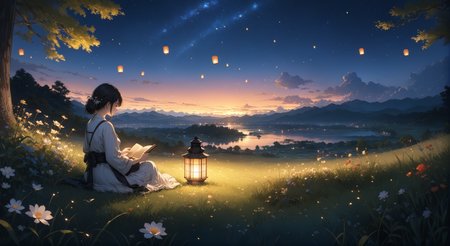 (masterpiece, top quality, best quality, official art, beautiful and aesthetic:1.2)
1girl, sitting on grass, holding a book, night, nighttime sky, lantern lighting up immediate area, stars, end of sunset, colorful sky, peaceful, flowers, fireflies,  highly detailed, wide shot,   
highres, ultra high res, 4k, 8k, intricate detail, cinematic lighting, amazing quality, wallpaper <lora:aesthetic_anime_v1s:1.2>  <lora:fiasco_A1:1>