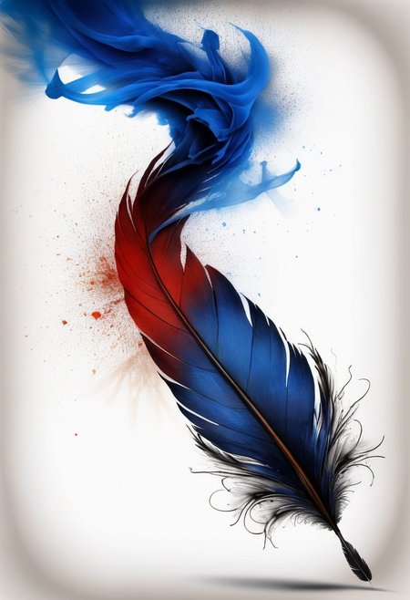 mysterious phoenix feather gliding through the air, single drop of deep blue ink dropping from the tip of the feather into a half full ink pot while an old piece of aged paper scroll with beautiful writing and burning edges is hovering in the middle of it all, lightrays backlighting glorious feather, burning paper scroll, lightrays backlighting smoke, fading blue red background, by Minjae Lee, Carne Griffiths, Emily Kell, Steve McCurry, Geoffroy Thoorens, Aaron Horkey, Jordan Grimmer, Greg Rutkowski, amazing depth, double exposure, surreal, geometric patterns, intricately detailed, bokeh,  perfect balanced, deep fine borders, artistic photorealism , smooth,  great masterwork by Suiras  <lora:add-detail-xl:2>  <lora:Double_Exposure:0.5>