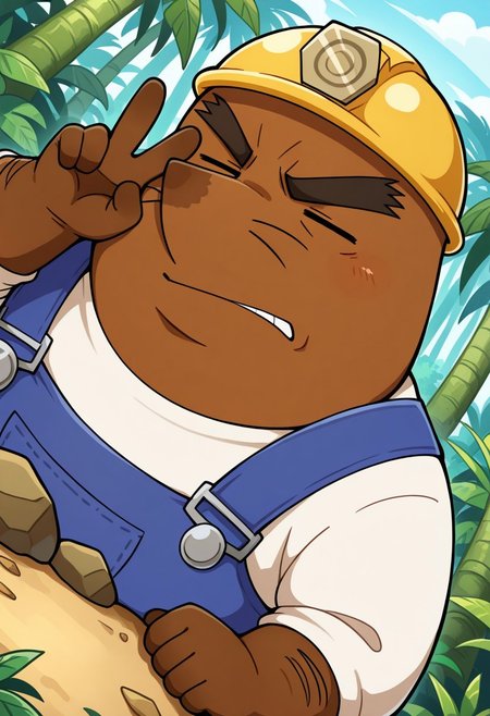 solo, detail background, anthro male, brown body/fur, thick black eyebrows, overweight, fat, chubby, whiskers, no ears, pointed nose, brown nose, brown hands, yellow miner's helmet, eyes closed, blue overalls, white long-sleeve shirt, black shoes, BREAK jungle, plants, outside, annoying, (face close-up), (face focus), upper body, perfect angle, perfect view, pose, looking at viewer, angry, peace sign, hand gesture