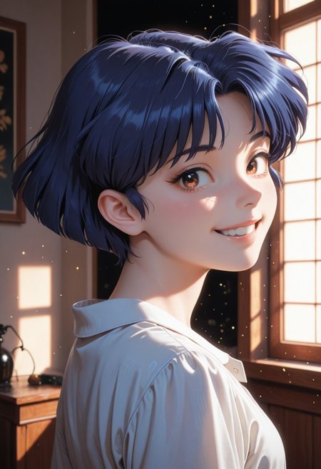 , 8K, high contrast, masterpiece, best quality, amazing quality, very aesthetic, high resolution, ultra-detailed, absurdres, newest, scenery, chiaroscuro, 1girl, solo,akane_tendou, short_hair, blue_hair, brown_eyes, cute smile,  teeth, cute eyes, , dim lighting ,looking back at viewer, dark room, face focus, head shot BREAK, beautiful detailed eyes, detailed skin, detailed hair, volumetric lighting, dappled light, light particles, dramatic shadows, cinematic lighting, photo background, <lora:ponyxl\cfg_scale_boost:0.7> h4v_h0l0,