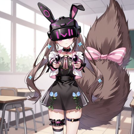 highres, masterpiece, best quality, very aesthetic, absurdres, (1girl),1boy, chigusa hana, virtual youtuber, long hair, brown hair, twintails, animal ears, , hair ornament, cropped jacket, long sleeves, white jacket, collar, flower, black dress, pleated skirt, large tail, bridal garter, striped, single thighhigh, asymmetrical legwear, tail bow, empty eyes,  expressionless, school, classroom,  looking at viewer, resisting, zzkovisor,hypnotic visor, helmet, rabbit ears, :), ray gun, aiming_at_viewer, (hypnotic_beam), (hypnotic_accessory)(nagu,:0.8),