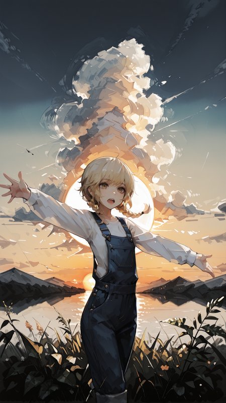 masterpiece, newest,absurdres,incredibly absurdres, best quality, amazing quality, very aesthetic, painterly,
1girl, blurry foreground, impressionism, overalls,  sunrise, upper teeth only, looking around, blonde, short braid, outstretched arm, 
 <lora:gyup_style:1> gyup_illu, ink \(medium\),<lora:m4chigami_y0h_style:1> m4ch_illu, machigami_yoh_illu,