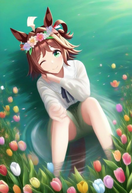 (umamusume, rhein_kraft_(umamusume), horse_ears, horse_girl, tail, 1girl, ahoge, animal_ears,)
casual, Tulip,Tulip flower, Tulip flower_field, 
head_wreath, looking_at_viewer,  solo, aesthetic, absurdres, symmetric , , g0ldsw0rthy,
(realistic, photo,  artistic, medium_hair, one_eye_closed, petals, relaxing, smile, spiralling vortex made of multicoloured tulips, lush foliage sunrise,  ripples, reflective, jaynl-tm, rainbow,green_eyes, hair_between_eyes, hair_ornament,  : 0.7)