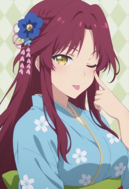 anime screencap, anime coloring,   <lora:DX888Kyou:1> apricot, yellow eyes, very long hair, red hair, parted bangs, braid BREAK  back bow, blue flower, blue kimono, floral print kimono, heart hair ornament, japanese clothes, kanzashi, long sleeves,  obi, obiage, obijime, wide sleeves BREAK simple background, green background,  argyle background, BREAK  1girl, akanbe, eyelid pull,  hand up, looking at viewer, one eye closed, portrait,  solo, tongue out, upper body,