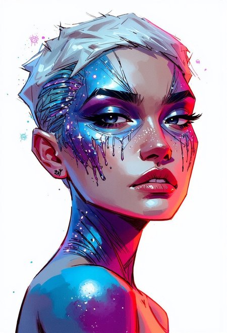 A hyper-realistic, face close-up watercolor portrait of a woman with striking, very short white hair, side-trimmed and expertly side-faded, facing the viewer with an expression that conveys both strength and mystery. Her eyes are partially closed, exuding a futuristic, serene presence. The left side of her face is adorned with an intricately detailed chrome mold, seamlessly integrated into her skin, partially covering her left eye. The chrome mold, designed with over 10,000 razor-thin chrome lines, extends outward in straight, rigid formations, resembling molten cheese strands but with a sleek, metallic finish. The chrome has a high-polished, reflective surface that catches and refracts an ethereal, neon-blue and magenta glow, adding a surreal touch. Sparkles embedded within the mold enhance its futuristic, otherworldly essence. Some sections of the chrome are semi-solid, with metallic drips that flow down her face in fluid dynamic patterns, suggesting a seamless merge between technology and organic form. Subtle holographic projections trace the edges of the chrome, emitting faint, pulsating neon symbols and geometric shapes that flicker and shift, adding layers of surrealism. The top of her head is in frame, showcasing the intricate chrome details, while the body remains out of frame, keeping focus on the striking, surreal facial composition that blends technology with artistic surrealism.