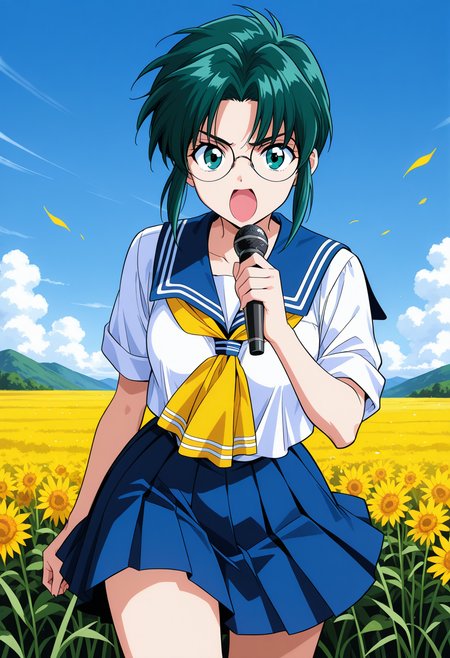 furutachi_ichiko, green eyes, green hair, short hair, round eyewear, school uniform, serafuku, blue sailor collar, yellow neckerchief, short sleeves, pleated skirt, blue skirt, <lora:asuka120_furutachi_ichiko_illustrious_ver1:0.8> 
serious, open mouth, holding, microphone, shouting,, masterpiece, best quality, sensitive,, 1girl, solo, (field:1.2), (blue sky:1.2), looking at viewer,, (cowboy shot, dynamic pose:1.4),
