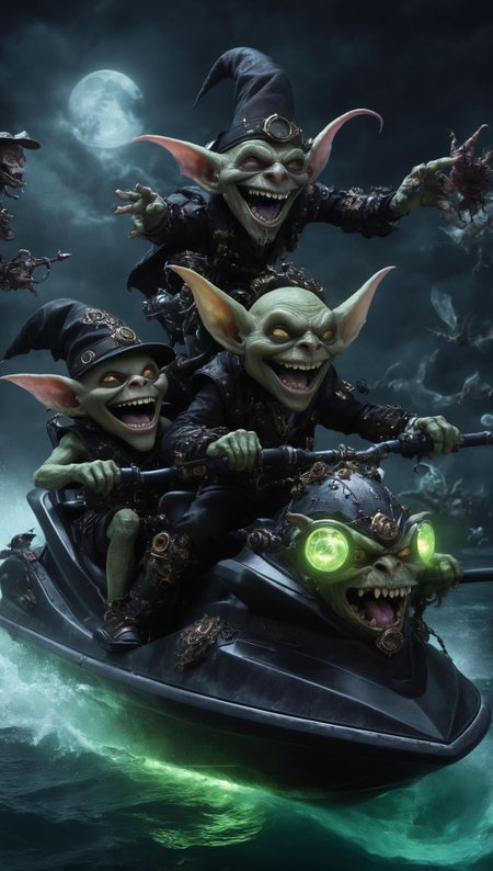 Steampunk Goblins Driving  a Jetski, Goblin Jetski, laughing, infused with elements of mysticism, fantasy, or gothic, glowing flora, (Nocturnal creatures), magical phenomena, or eerie, dark settings typical of Goblins, (Use Dream Diffusion Secret Prompt), UHD