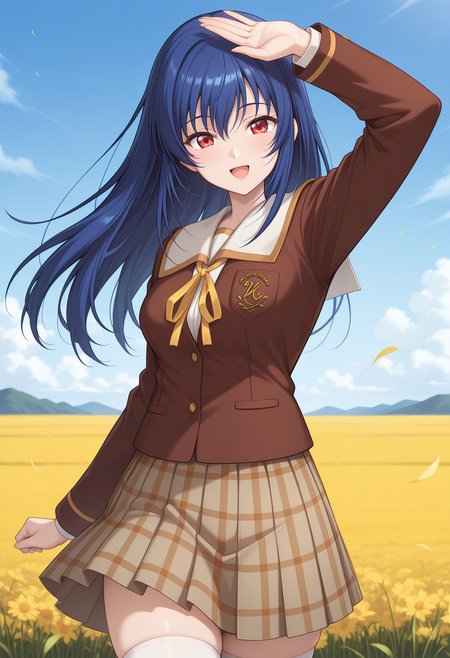 kuon_mayou, red eyes, blue hair, long hair, school uniform, white sailor collar, brown jacket, long sleeves, plaid skirt, brown skirt, white thighhighs, zettai ryouiki, <lora:kuon_mayou_illustrious_ver1:0.8> 
smile, open mouth,, masterpiece, best quality, general,, 1girl, solo, (field:1.2), (blue sky:1.2), looking at viewer,, (cowboy shot, dynamic pose:1.4),