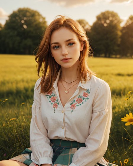 superbloom scenery, 24yo attractive irish redhead, (striking eyes with full limbal ring visible, piercing gaze with prominent limbal rings, large expressive eyes with sharp limbal rings, intense wide eyed stare at viewer:1.4), wide cinematic establishing shot seductive young woman sitting having picnic under tree, (bra strap, cleavage,  young adult irish redhead:1.25), (style of Alessio Albi:1.4), Realist Portraiture, Soft Lighting, Emotional Depth, Simple Compositions, (Layered Depth, Soft focus foreground, Painted Scenery:1.1), alluring feminine physique, short backlit hair, perfect face, thin upper lip, pouting lower lip, thin brows, small upturned nose, bow-shaped lips, Raised Eyebrows, Focused Gaze, eager expression, quaint farm setting, (relaxed country woman), (tight unbuttoned shirt, thin material), subsurface scattering, classic cotton, soft pastel, intricate embroidery collar cuffs, rolled-up sleeves revealing sun-kissed forearms BREAK (blanket:1.15), rich textures, patchwork design, vibrant colors, detailed stitching, homely aesthetic (skirt), elegant rustic charm, subtle floral pattern, linen, sways breeze BREAK ((wildflower wreath)), crown delicate chain necklace, small, intricate pendant, heart-shaped with floral theme, glowing subtly in the soft light, ethereal quality, [lens flare glinting], (mischievous yet content expression), lush green fields in the background, (soft, sunlit ambiance), simple leather boots, carefree hair  <lora:kodak_ultramax_400:0.8> golden hour, soft golden light, pastel sky, relaxed posture, natural smile, earthy colors, candid moment, trees and flowers in background, leading lines, depth of field, slightly off-center framing, warm tones, cinematic look, natural setting, editorial style, soft textures, subtle lighting, peaceful mood
