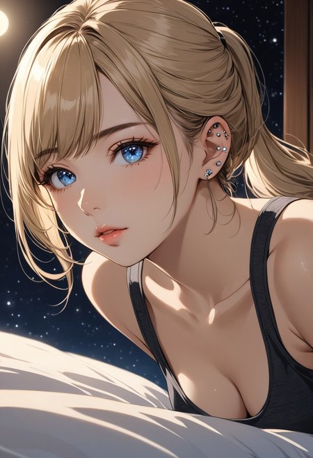 (anime, masterpiece, intricate:1.3), (best quality, hires textures, high detail:1.2), (4k),(incredibly detailed:1.4), perfect anatomy, correct sense of scale, side lighting, feminine body, shiny skin, graceful face, constricted waist, nice body, lips, Sexy mouth, high pointed nose, (nostrils:1.3), neatly drawn nose, 1woman, gorgeous lips, blue eyes, tights,  blonde hair, ponytail, side bangs, medium breasts, ((piercing, two holes at the bottom of the ear, one at the top)) (best illumination, an extremely delicate and beautiful) 8k wallpaper, masterpiece, best quality, ultra-detailed, best shadow, volumetric lighting), (beautiful detailed face, beautiful detailed eyes) ,extreme details eyes, shiny skin, ear piercing, woman, 22 y/o
crawling_position_on_bed,cleavage,tanktop,hotpants,hotel,bedroom,beautiful_black_hair,ponytail,beautiful_light_blue_eyes,multicolored_eyes,1_beautiful_girl,beautiful,perfect_quality,perfect_anatomy,masterpiece, moon,night,moonlight,beautiful starry sky
