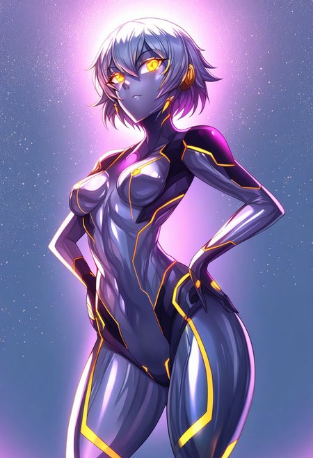 score_9, score_8_up, score_7_up, score_6_up, score_5_up, score_4_up, 2D, ibenz,
BREAK
1girl, liquid mercury, solo,
silver body, short hair, silver hair, 
((yellow lines, yellow eyes, glowing eyes)), ((petite, small breasts, short height)), 
confident pose, hands on hips, 
(cyberspace) black background, blue energy lines, blue code, detailed background,