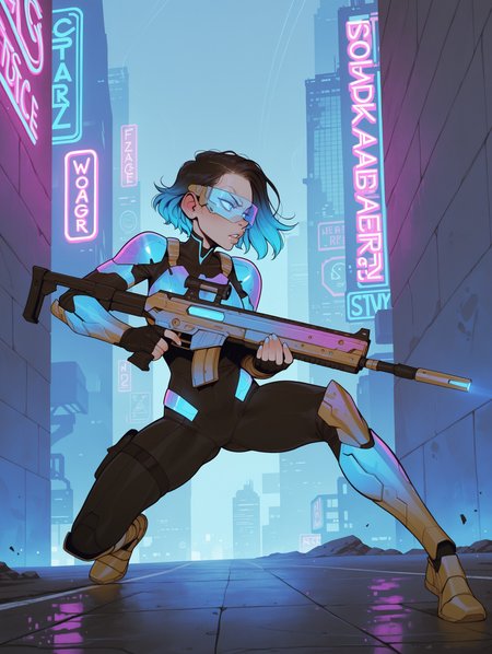 1girl, solo, futuristic soldier, sleek armor, futuristic armor, determined, short cyberpunk-style hair, gradient hair, glowing blue accents on armor, integrated weapon systems, holographic visor, holding futuristic rifle, fighting stance, background is a dystopian cityscape with towering skyscrapers, neon lights, hovering drones patrolling the area
,masterpiece,best quality,amazing quality,
BSSINCASE,