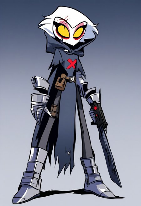HCSV1, human, knight, tall,
1man, solo, full body, thick steel boots, silver gauntlets, metal face mask, silver mask, hooded cloak, small scratches on mask, yellow eyes, tunic, gradient background, pistol chest holster, looking at viewer, weapon back carryon