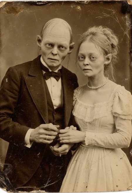 A distressed, sepia-toned 1800s photo of smeagol wedding, elegantly dressed, in the act of putting the ring on the finger of his future wife. His spouse is  a beautiful curly blonde young Hobbit woman. The photo appears worn with time, showing scratches, faded tones, and a slightly curled edge, adding to its vintage appeal.