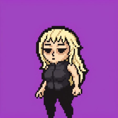 <lora:lisathepointless-v5.4_:1> by lisathepointless, solo, medium size, fullbody,  purple background, simple background, 1girl, breasts, dire, direpony, long hair, blonde hair, black eyes, neutral face, black vest,black pants, standing, neutral pose