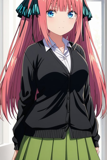 masterpiece, best quality, highres, 4k, 8k, intricate detail, cinematic lighting, amazing quality, amazing shading, soft lighting, Detailed Illustration, anime style,
BREAK ninonakano, <lora:nino_nakano_special-sdxl-lora-nochekaiser:1>
BREAK nino nakano, long hair, bangs, blue eyes, hair ornament, hair ribbon, pink hair, blunt bangs, two side up, butterfly hair ornament,
BREAK skirt, shirt, long sleeves, white shirt, pleated skirt, open clothes, collared shirt, sleeves past wrists, dress shirt, cardigan, green skirt, open cardigan, black cardigan,
BREAK indoors, classroom, 
BREAK looking at viewer, full body,