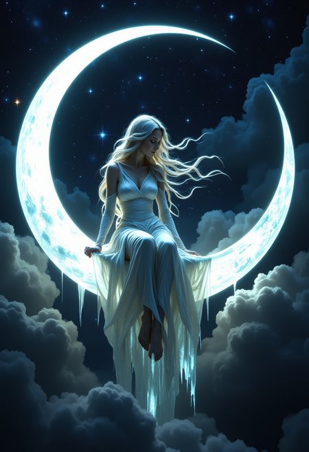 A mystical figure, an ethereal moon goddess, sits gracefully on a glowing crescent moon. Her flowing, luminous gown shimmers with a silken, white light that contrasts against the dark, starry sky. The moon itself seems alive, its surface dripping with soft, glowing liquid that cascades down like melted wax, adding an enchanting and surreal effect to the scene. Her long, silver hair flows gently, and her expression is one of serene contemplation, as she gazes at the stars. Soft, radiant light emanates from her and the moon, casting a gentle, dreamlike glow across the surrounding clouds, creating a tranquil, otherworldly atmosphere.