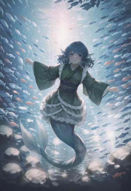 volumetric lighting, ambient occlusion, luminescent background, masterpiece, very awa,underwater, mermaid, a mermaid swimming towards a beam of light, dynamic angle,cinematic angle, blue tint, water reflections, looking at viewer, surrounded by colorful fish, mermaid tail, dynamic pose,
BREAK
wakasagihime, 1girl, solo, blue eyes, blue hair, short hair, drill hair, head fins, mermaid,green kimono, frilled kimono, wide sleeves, blue obi, yellow obijime,elegant