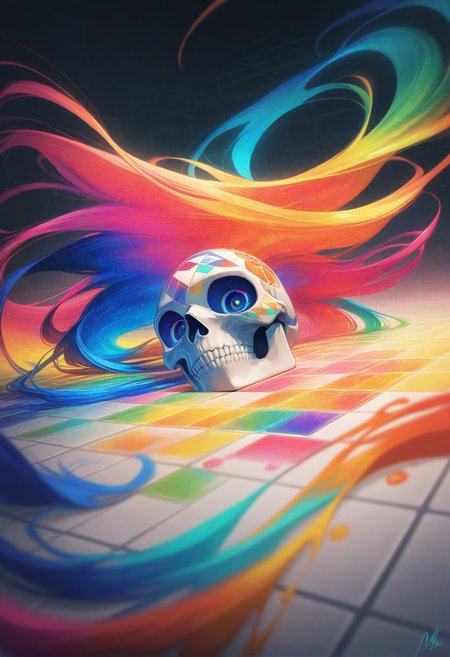 skull pattern, science_fiction, A close-up of a colorful, tiled floor with a variety of geometric patterns. The tiles are arranged in a grid-like pattern, with each tile featuring a unique design. The colors range from bright blues and greens to warm oranges and yellows. The patterns are intricate and detailed, with a mix of geometric shapes and floral motifs. The floor is tiled with a light-colored material, and the background is blurred, allowing the focus to be on the tiles., masterpiece,best quality,amazing quality,, colors splash effect,flowing hair