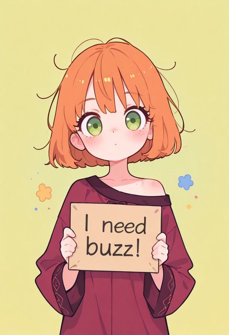 masterpiece,best quality, Smooth, no lineart,no outline, super cute style, very aesthetic, flat colors, 1girl, petite, cute, kawaii, small, fragile, young, youthful, orange hair, bob cut, light green eyes, light freckles, fair skin, shiny skin, short hair, flatchest, one bare shoulder, looking at viewer,messy hair, close up, holding sign with text, text (i need buzz),
Colorful themes,High Saturation, haiz_ai,
<lora:ponyv6_noobE11_2_adamW-000017:0.3> <lora:MeMaXL4:0.8> <lora:veluflora-wai:0.35> <lora:haiz_ai_illu:0.7>