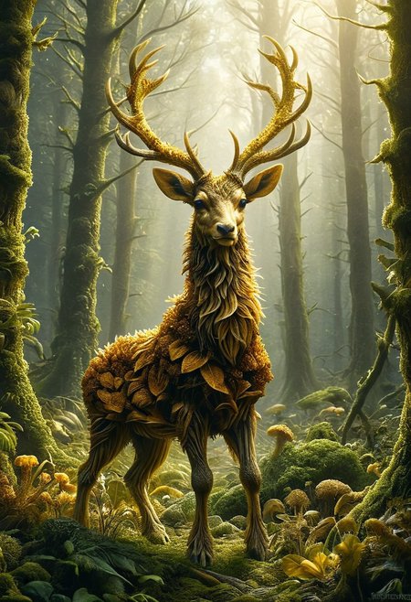 hyper realistic, a majestic fungus monster deer, horrific atmosphere, with golden antlers standing in a sunlit clearing, glowing flora, magical atmosphere 
 <lora:ral-sld:1> ral-sld
<lora:add-detail-xl:1>
<lora:MJ52:0.35>,
<lora:SDXLFaeTastic2400:0.325>,
(settings by AIDigitalmediaaggency:0.0001),
OverallDetailXL