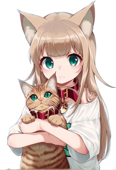 masterpiece, best quality,
brown hair, cat girl, 1girl, animal, animal collar, animal ear fluff, cat, cat ears, collar, green eyes, holding, holding animal, looking at viewer, red collar, shirt, simple background, solo, t-shirt, upper body, white background
<lora:40hara_illustrious_v2:1>