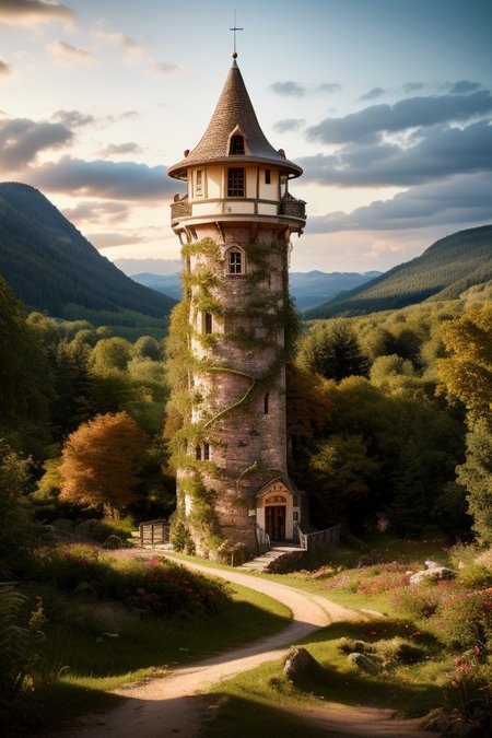 realistic analog photo, award winning photo, vary wide shot of magic stone witow tower:1.3, (Military watchtower), scenery,  fantasy, hills, dirt road, nature, outdoors, RAW, highres, 8k, uhd, High Dynamic Range, tonemapping, crisp details,