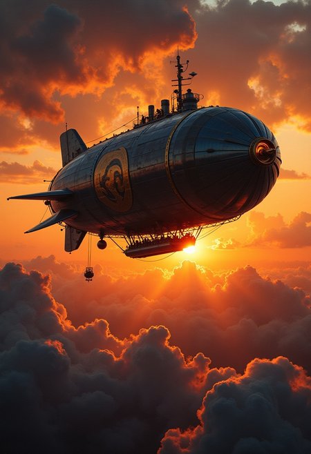 steampunk zeppelin airship, vibrant, dynamic, sunset, silhouetted, clouds, scenery, masterpiece, perfect composition