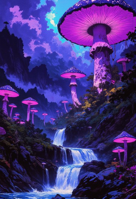 A surreal, otherworldly fantasy landscape featuring gigantic glowing mushrooms with luminous purple caps towering over misty mountains. The sky is dark and filled with swirling, mystical clouds illuminated by an eerie bluish glow, creating an ethereal, dreamlike atmosphere. A winding, crystal-clear river with cascading waterfalls flows through a lush, shadowy forest, reflecting the purple and blue hues from the sky. The terrain is rocky with scattered moss and small fungi, adding intricate details. The scene has a magical, bioluminescent vibe with an alien-like ambiance, emphasizing vibrant neon purples, blues, and subtle highlights. Highly detailed, atmospheric lighting, and cinematic fantasy style