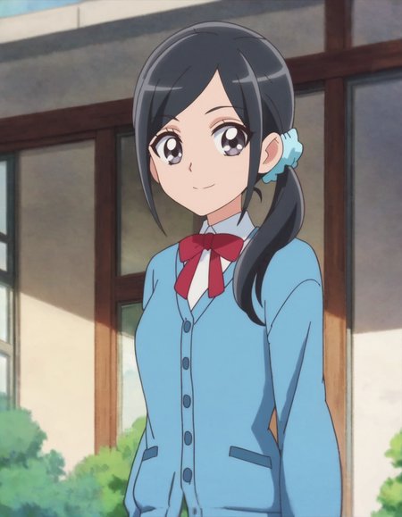 score_9, score_8_up, score_7_up, anime screencap, solo,1girl,sawaizumichiyu, green skirt, shirt, bowtie, white shirt, red bowtie,  school uniform, blue cardigan, red bow,  smile, blue scrunchie, looking at viewer, hair ornament, cardigan, ribbon, cowboy shot,medium breasts,<lora:sawaizumichiyu:0.8>
