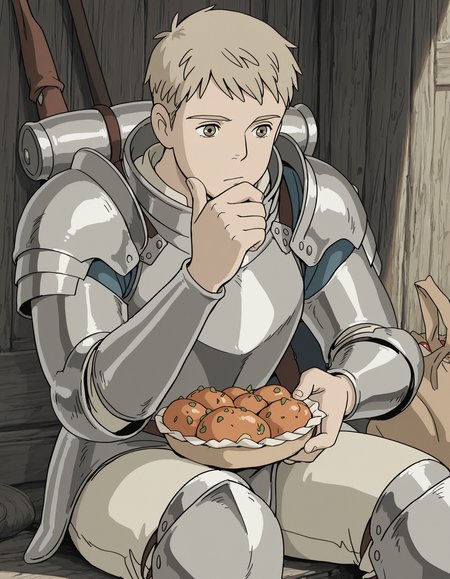 studio_ghibli, laios touden, solo, armour, sitting, thinking, food, masterpiece, best quality, amazing detail, high definition