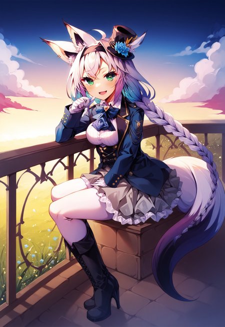 safe_pos, safe_pos, safe_pos, safe_pos, safe_pos, safe_pos, score_9, score_8_up, score_7_up, score_6_up, masterpiece, source_anime, high quality, perfect face, detailed eyes, perfecteyes, perfect balance, detailed face, perfect lighting, detailed background, uncensored, newest, absurdres, highres, very aesthetic, outdoor, balcony, grass sky, clouds, autumn, night, 
uncensored, 
fubuki, white hair, single side braid, ahoge, piercing, fox tail,
fubuki_elegant, braided ponytail, blue coat, blue ascot, corset, collared shirt, grey skirt, frilled skirt, white pantyhose, white gloves, mini top hat, hairband, blue rose, white hair, piercing, fox tail,
 1girl, solo, open mouth, smile, large breasts, pleasured, full body, long legs, larger female, tall female, looking at viewer, long calves, long legs, thin thighs, tall_girl,long_legs, boots, long boots, lace-up boots, leather boots, heeled boots, sitting, half closed eyes, naughty face, multicolored hair, low angle