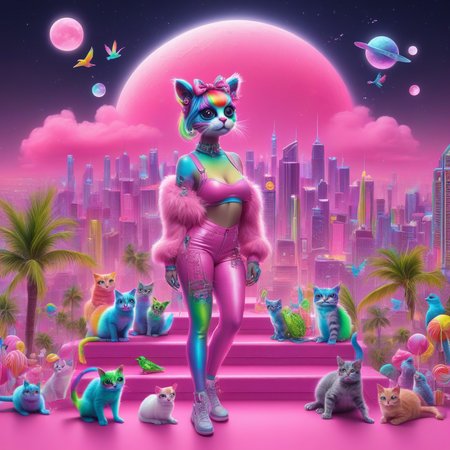 rainbow hair, monster, stairs, full body, bird, furry, candy, lollipop, hair bow, earrings, glowing, city, breasts, frog, sparkles, cloud, food, soft pastel clouds, palm tree, night, cat, saturated details, cityscape, double bun, piercing, pants, science fiction, moon, pink background, skyscraper, hairclip, neon colors