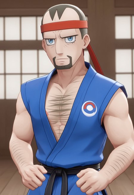 safe_pos, safe_pos, score_9, score_8_up, rating_nsfw, ultra hd, absurdres, best quality, masterpiece, masculine, solo, 1boy, 1male, male focus, best anatomy, best eyes, best hands, sexiest man alive, erotic, gay porn, cartoon art, cartoon artstyle,

POKESSBlackBelt, POKESSBlackBeltHair, blue eyes, goatee, chest hair, headband, blue gi, short hair, nipples, dutch angle, facing viewer, dojo background, aesthetic lighting, best lighting, amazing aesthetic, Expressiveh