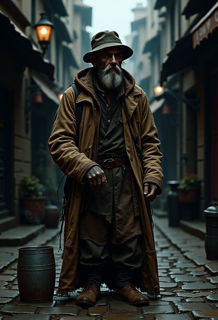 Rancid Ron is depicted as a figure of both repulsion and bizarre reverence in the shadowy streets of Ankh-Morpork. A gaunt, ragged beggar wrapped in layers of mismatched, tattered clothing, he wears a hat thatâs been patched and mended countless times, and clutches a battered tin cup for collecting alms. His odorâa complex bouquet of unwashed wool, rotten vegetables, and something distinctly fungalâwafts visibly through the air, creating a palpable haze around him that even the cityâs resilient inhabitants seem to avoid. Standing in the damp, cobblestone streets amid the fog and dim lamplight, Rancid Ron appears less like a man and more like an eccentric urban legend, with his aura marking his territory as a high-ranking member of the beggarsâ guild. The scene reflects the grime and quirkiness of Ankh-Morpork, capturing its eccentric charm and the distinctive, grimy characters that populate the Discworld.