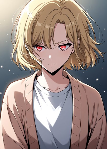 <lora:Omniscient_Readers_Viewpoint__Shin_Yoosung:1>
1girl, solo, short hair, blonde hair, soft expression, light skin, red eyes, 
light brown cardigan, white t-shirt, light blue jeans, casual sneakers, casual outfit, long sleeves, rolled cuffs
score_9, score_8_up, score_7_up, score_6_up, source_anime, rating_explicit, masterpiece, best quality, intricate details, gothic fantasy, upper body portrait, dramatic pose, confident gaze, cinematic lighting, clean background, glowing magical particles, detailed face, vibrant colors