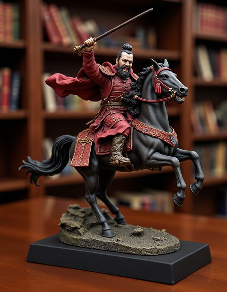 A highly detailed, professionally captured RAW image of a Chinese warrior from the Romance of the Three Kingdoms, charging into the enemy camp on horseback and roaring. The base is rectangular. The figure holds the reins of the horse in his left hand and  weapon in his right. He is wearing red armor, with sharp eyes and a beard. The horse is baring its teeth and has its eyes wide open, giving it a realistic sense of movement that makes it seem as if it could move at any moment. The armor is also highly detailed. The horse's neighing is full of dynamism, as if the warrior's roar could be heard at any moment. The statue is placed on a library table. The library's bookshelves can be seen in the background. <lora:FLUX.1d_-_Miniatures:1> <lora:Flux.1_Turbo_Detailer:1>,polearm(1.3),polesword(1.3),