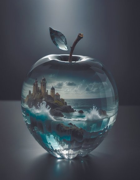 lovely double exposure image. The sea should serve as the underlying backdrop,with its details subtly incorporated into the glossy glass apple,sharp focus,double exposure,glossy glass apple,(translucent glass figure of an apple) (sea inside) lifeless,dead,glass apple,earthy colors,decadence,intricate design,hyper realistic,high definition,extremely detailed,dark softbox image,raytracing,cinematic,HDR,by diegocr,photorealistic (double exposure:1. 1),<lora:add-detail-xl:1.6>,DonMn1ghtm4reXL <lora:DonMn1ghtm4reXL:0.8>,<lora:Double_Exposure:0.7>,<lora:f412glassXL:0.6>,crystalz <lora:crystalz-sdxl:0.5>