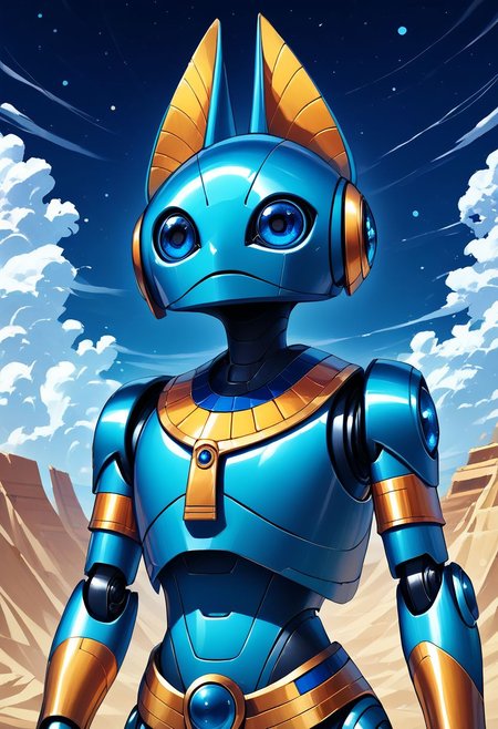 score_9, score_8_up, score_7_up,
zzEgyptian, usekh collar, gold trim, jewelry, gold, eye of horus, pharaoh's headdress, armlet,
 CivBot, blue eyes, sky, cloud, no humans, glowing, stars, science fiction, fist, clenched fist, radio antenna, upper body, blue robot,