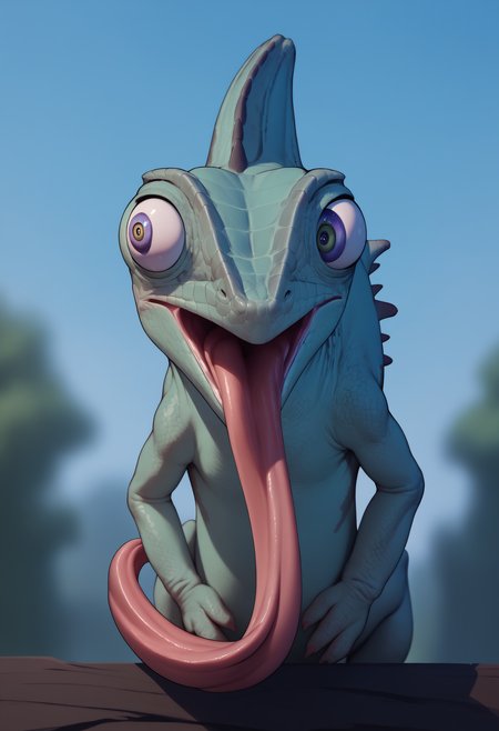 score_9,score_7_up,  <lora:ChamChameleonPonyXL:1>, Chameleon, lizard, back spikes, feral, scales, (derp eyes), open mouth, long tongue, front view, looking to the side,