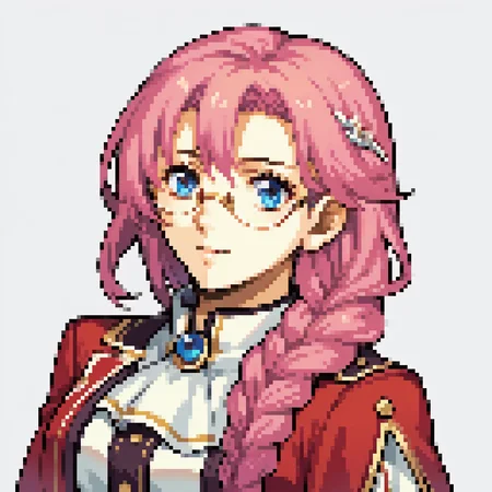 score_9, score_8_up, score_7_up, source_anime, 1girl, <lora:zs_FEGBAPortraitsXL:1> fegbaportraits, portrait, white background, <lora:emma-rebake3:1> emmathors, ascot, blue eyes, braided ponytail, breasts, glasses, long hair, pink hair, red jacket, single braid, hair over shoulder, white shirt