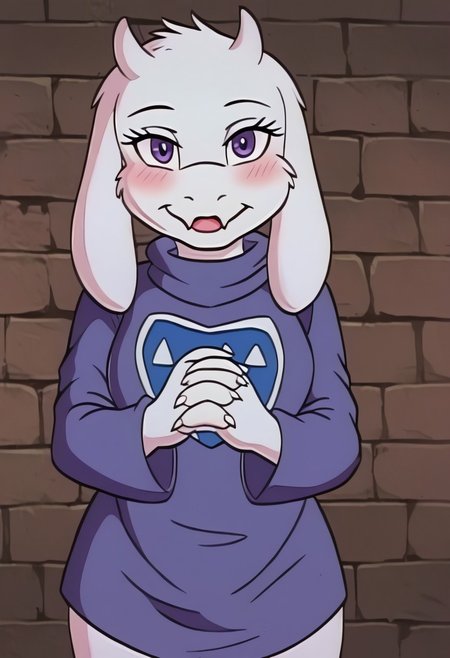 Toriel, stading still, looking at viewer, blush, purple eyes, fluffy, satAM style, fullbody